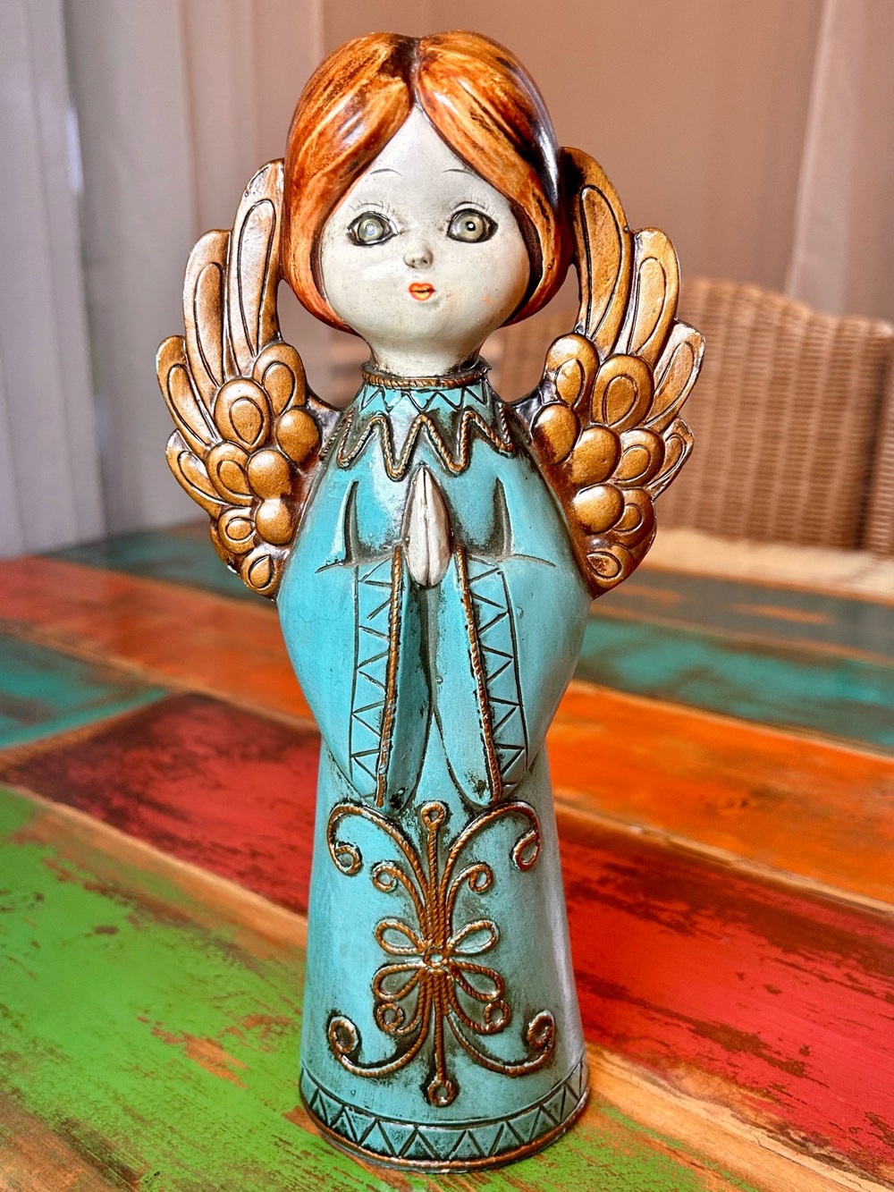 Vintage MCM Ardco Paper Mache Praying Angel Figurine 60s Japan Blue